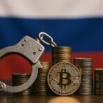 ロシア国旗を背景に、ビットコインと手錠が並ぶ写真。違法仮想通貨取引の取り締まりと押収を象徴。