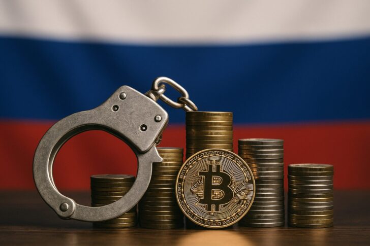 ロシア国旗を背景に、ビットコインと手錠が並ぶ写真。違法仮想通貨取引の取り締まりと押収を象徴。