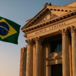 ブラジル中央銀行の本庁舎と国旗の前景、仮想通貨規制開始を象徴する構図