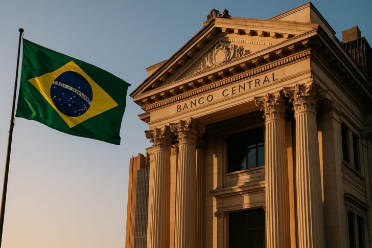 ブラジル中央銀行の本庁舎と国旗の前景、仮想通貨規制開始を象徴する構図