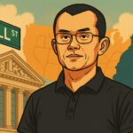 CZが米国への再投資を示唆するニュースに合わせたイラスト。背景にウォール街や米国のシルエットを配置した構図。