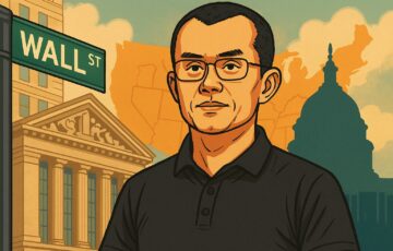 CZが米国への再投資を示唆するニュースに合わせたイラスト。背景にウォール街や米国のシルエットを配置した構図。