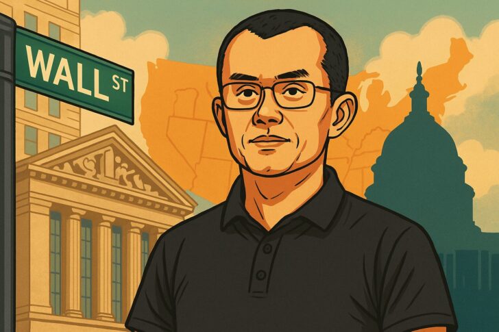 CZが米国への再投資を示唆するニュースに合わせたイラスト。背景にウォール街や米国のシルエットを配置した構図。