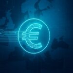 EUのデジタルユーロ構想を象徴する抽象的なユーロ記号とデジタルグリッドの画像