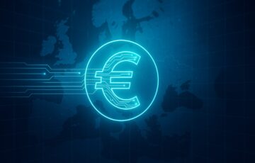 EUのデジタルユーロ構想を象徴する抽象的なユーロ記号とデジタルグリッドの画像