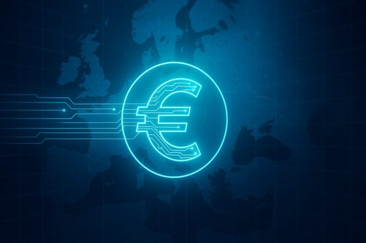 EUのデジタルユーロ構想を象徴する抽象的なユーロ記号とデジタルグリッドの画像