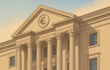 欧州中央銀行の建物を描いたイラスト。ユーロ圏の金融政策やステーブルコイン規制を象徴する構図。