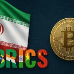 イランとBRICS諸国を象徴する地図と国旗が重なり、仮想通貨導入戦略を示すイメージ。