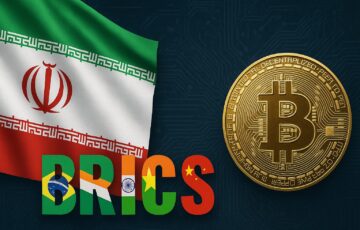 イランとBRICS諸国を象徴する地図と国旗が重なり、仮想通貨導入戦略を示すイメージ。