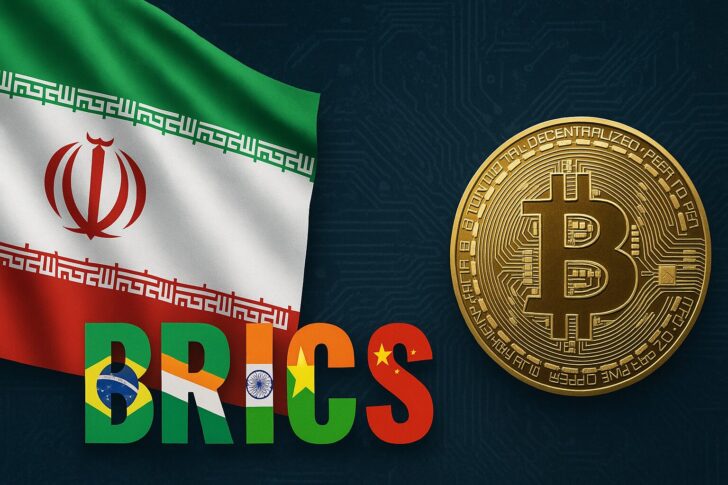 イランとBRICS諸国を象徴する地図と国旗が重なり、仮想通貨導入戦略を示すイメージ。