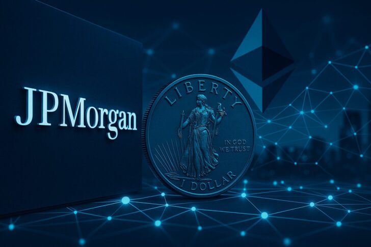 JPモルガンとCoinbaseを象徴するロゴが並び、Baseネットワークを示すデジタル背景が広がる画像