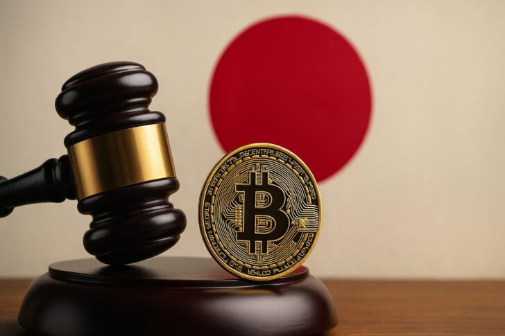 日本の金融庁が暗号資産カストディ登録制度を導入することを象徴するイメージ。ビットコインと法廷を背景にしたデジタル金融規制の概念写真。