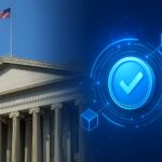 米財務省の建物とブロックチェーンを象徴するデジタルアイコンを組み合わせた画像