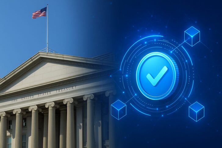 米財務省の建物とブロックチェーンを象徴するデジタルアイコンを組み合わせた画像