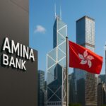 アミナ銀行のロゴと香港の金融街の風景を写したアイキャッチ画像