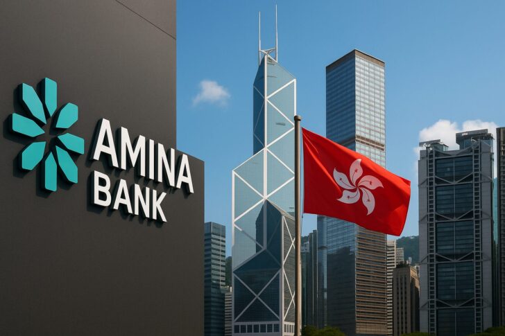 アミナ銀行のロゴと香港の金融街の風景を写したアイキャッチ画像