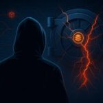 暗い背景に赤い光が走るデジタル金庫の破壊シーンを描いたイラスト。Balancerのハッキング被害を象徴する構図。