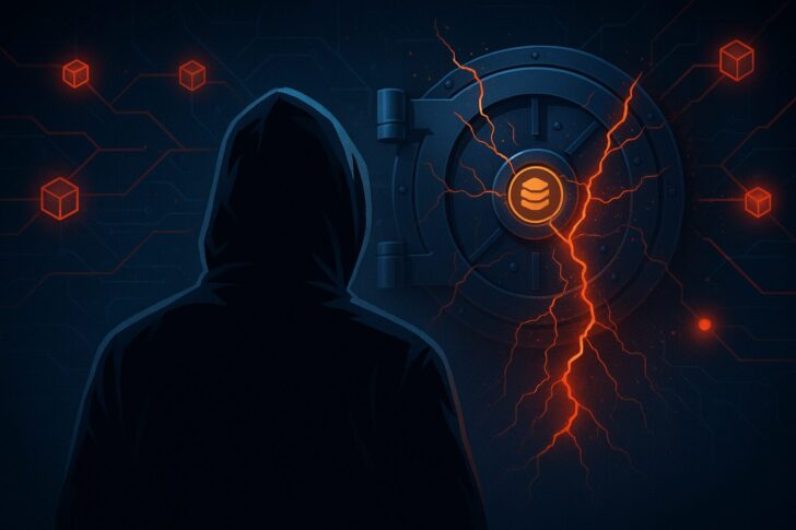 暗い背景に赤い光が走るデジタル金庫の破壊シーンを描いたイラスト。Balancerのハッキング被害を象徴する構図。