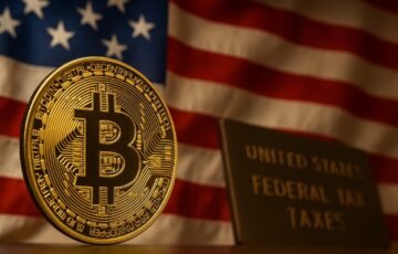ビットコインの物理コインとアメリカ国旗、連邦税を示すプレートを背景にした写真