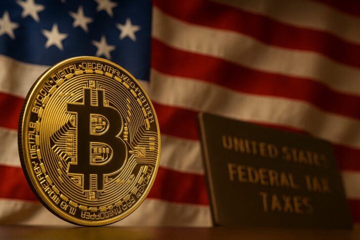 ビットコインの物理コインとアメリカ国旗、連邦税を示すプレートを背景にした写真