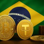 ブラジル国旗とデジタル通貨の要素を組み合わせた、仮想通貨課税方針を象徴するイラスト