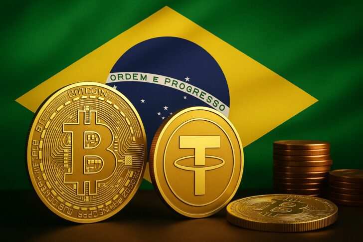 ブラジル国旗とデジタル通貨の要素を組み合わせた、仮想通貨課税方針を象徴するイラスト
