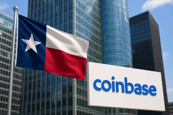 テキサス州旗とCoinbaseロゴが並ぶビル街の風景。Coinbaseのテキサス再法人化を象徴する画像。