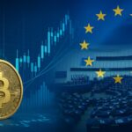 欧州議会の議場とEU旗を背景に、仮想通貨と証券市場の統合を象徴するグラフィック