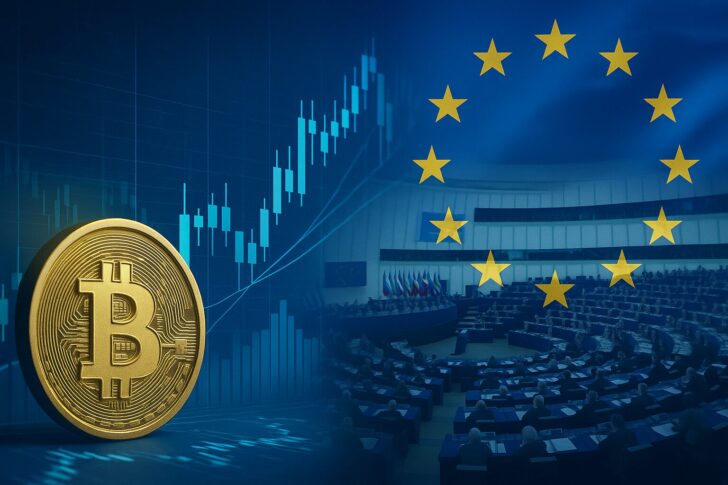 欧州議会の議場とEU旗を背景に、仮想通貨と証券市場の統合を象徴するグラフィック