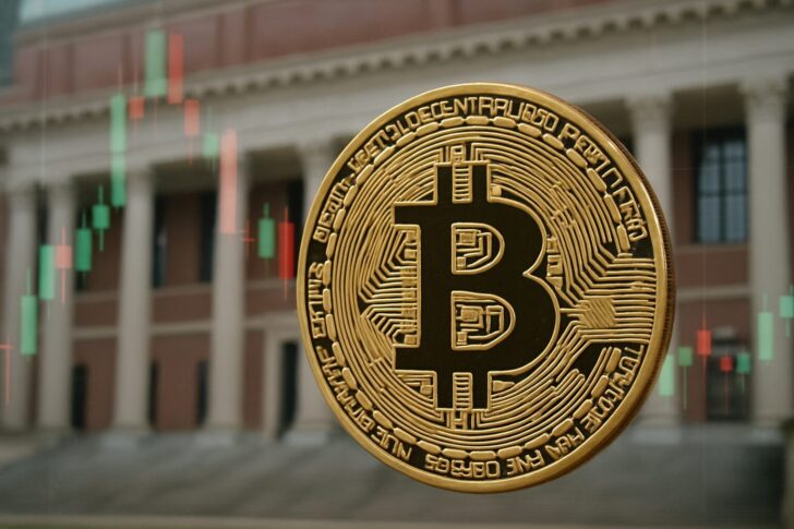 ビットコインの象徴と上昇チャートを背景にした、大学基金の投資拡大を示すイメージ画像