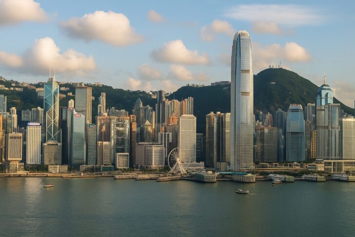 香港のスカイラインとビクトリアハーバーの実写風景