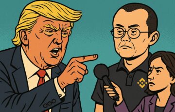 トランプ大統領とバイナンス創設者CZの恩赦をテーマにした政治風刺イラスト