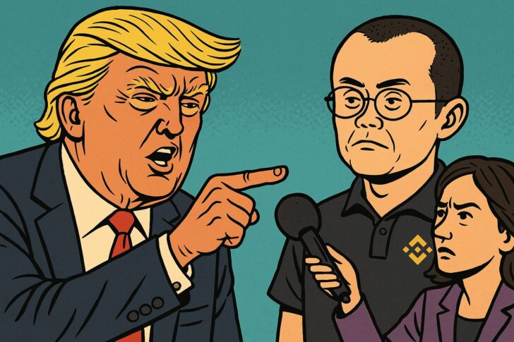 トランプ大統領とバイナンス創設者CZの恩赦をテーマにした政治風刺イラスト