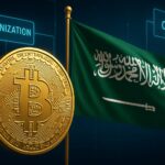 サウジアラビア国旗とビットコインを組み合わせた、金融市場のトークン化とCBDC開発を象徴するイラスト