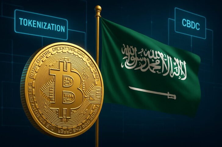 サウジアラビア国旗とビットコインを組み合わせた、金融市場のトークン化とCBDC開発を象徴するイラスト