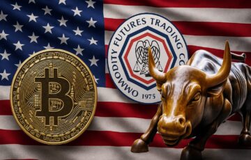 米国旗を背景に、CFTCのシンボル、ビットコイン、強気相場を象徴するブル像が並ぶ画像。CFTCが米国規制市場で仮想通貨の現物取引を開始したニュースを示す視覚的イメージ。