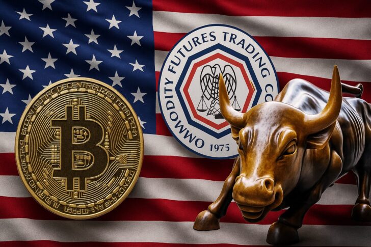 米国旗を背景に、CFTCのシンボル、ビットコイン、強気相場を象徴するブル像が並ぶ画像。CFTCが米国規制市場で仮想通貨の現物取引を開始したニュースを示す視覚的イメージ。