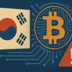 韓国国旗とビットコイン、警告アイコンを組み合わせた無過失賠償制度に関する抽象的イラスト