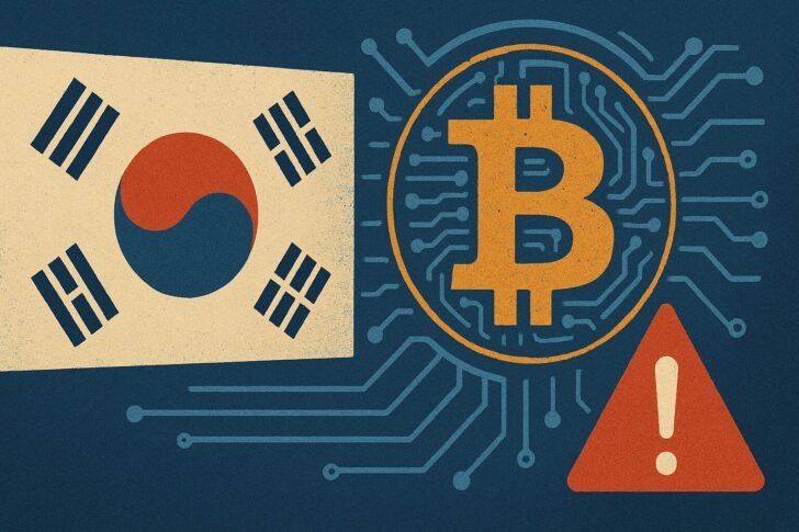 韓国国旗とビットコイン、警告アイコンを組み合わせた無過失賠償制度に関する抽象的イラスト