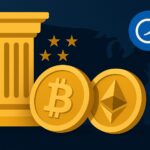 米国OCCが銀行のリスクのない元本取引を承認したことを象徴するイラスト。暗い背景に柱と仮想通貨の記号が描かれている。