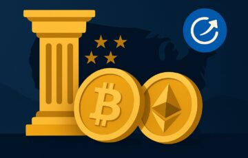 米国OCCが銀行のリスクのない元本取引を承認したことを象徴するイラスト。暗い背景に柱と仮想通貨の記号が描かれている。