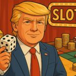 トランプ氏をモチーフにしたキャラクターがサイコロを持ち、ゲームボードとチップが並ぶ背景のイラスト