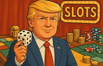 トランプ氏をモチーフにしたキャラクターがサイコロを持ち、ゲームボードとチップが並ぶ背景のイラスト