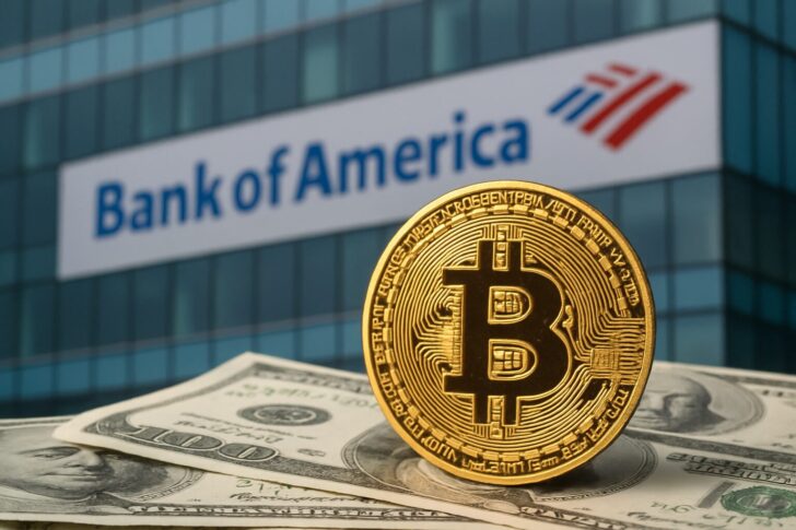 バンク・オブ・アメリカの本社ビルを背景に、ビットコインの金貨が100ドル紙幣の上に置かれている写真。