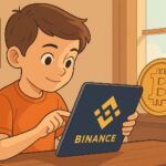 子供がタブレットでBinanceの貯蓄アプリを操作している様子を描いたイラスト