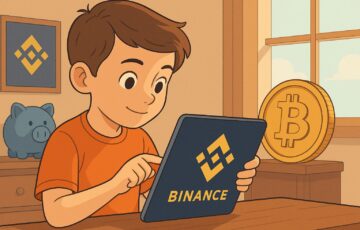 子供がタブレットでBinanceの貯蓄アプリを操作している様子を描いたイラスト