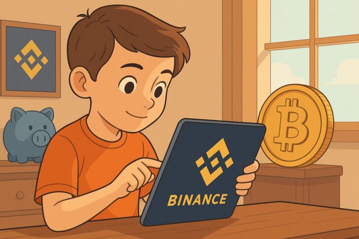 子供がタブレットでBinanceの貯蓄アプリを操作している様子を描いたイラスト