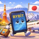 Bybitが日本市場からの段階的撤退を象徴的に描いたイラスト。日本の街並みを背に、別れを告げるBybitキャラクター。