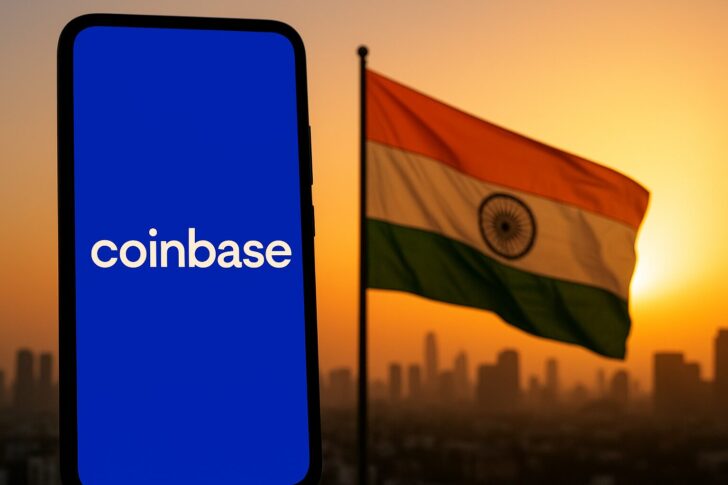 コインベースのロゴが表示されたスマートフォンとインド国旗が夕景の中に並ぶイメージ