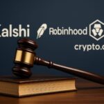コネチカット州規制当局がKalshi、Robinhood、Crypto.comのスポーツ賭博を停止したことを象徴する判事の木槌とロゴの画像